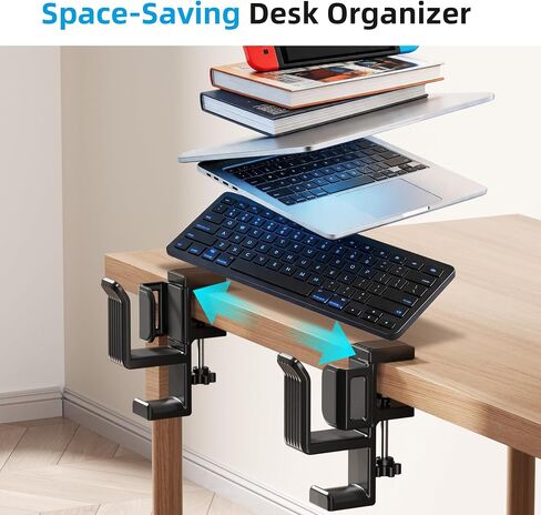 Desk Side Storage, Under Desk Clamp-on Vertical Laptop Holder, 10-17" Inch Length Adjustable with Keyboard & Headphone Holder, No Drill Storage Shelf for Desk, Fits Table Edge 0.3"to 1.7"(Black) in Saudi Arabia