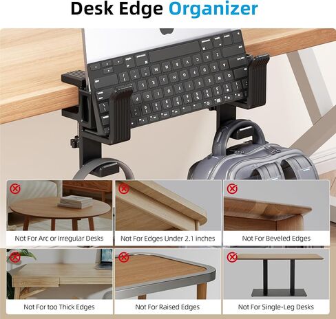 Desk Side Storage, Under Desk Clamp-on Vertical Laptop Holder, 10-17" Inch Length Adjustable with Keyboard & Headphone Holder, No Drill Storage Shelf for Desk, Fits Table Edge 0.3"to 1.7"(Black) in Saudi Arabia