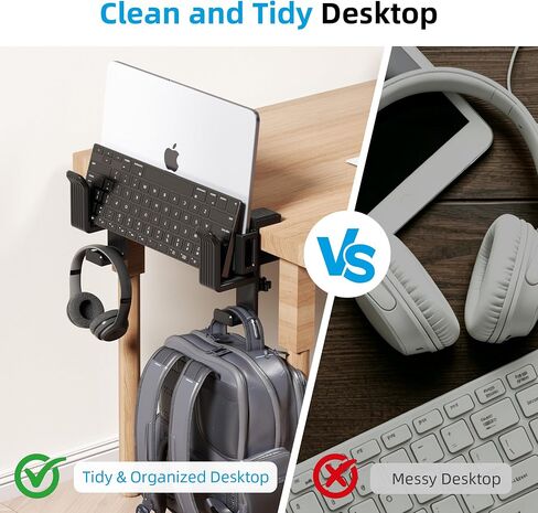 Desk Side Storage, Under Desk Clamp-on Vertical Laptop Holder, 10-17" Inch Length Adjustable with Keyboard & Headphone Holder, No Drill Storage Shelf for Desk, Fits Table Edge 0.3"to 1.7"(Black) in Saudi Arabia