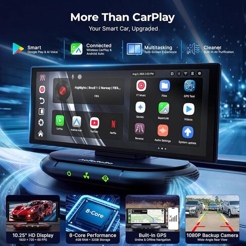 شاشة CarPlay لاسلكية مقاس 10.25 بوصة مزودة بجهاز تنقية الهواء وGoogle Play وGemini AI in Kuwait