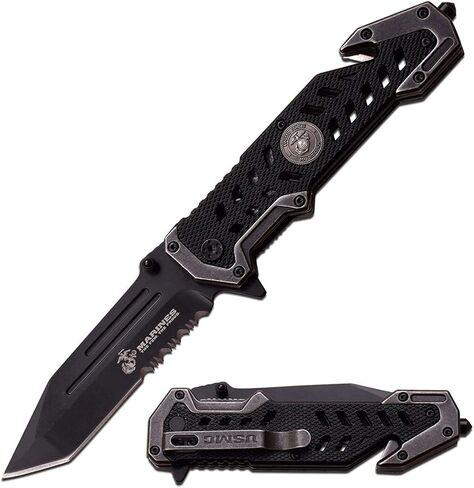 MTECH USA Marine Tactical Folding Pocket Knife G10 Handle Sharp Tanto Blade Assisted Military Knives EGA Elite Survival Semper Fi (Black) in Kuwait