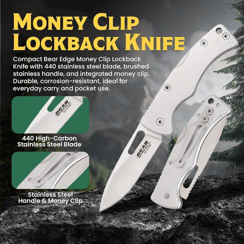 Bear Edge Money Clip 2.75" Lockback Folding Pocket Knife - 2 Inch Stainless Steel Drop Point Blade - Compact Lightweight EDC Tool for Everyday Carry - Slim Utility Folder with Integrated Money Clip in Kuwait