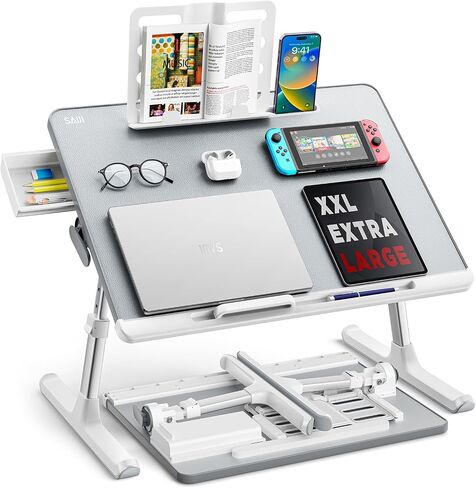 Laptop tray, SAIJI 60*45cm Table lap for bed, Multi-purpose Premium Lapdesk, Height Angle adjustable, with Book Stand, Drawer, Tablet slot, for Eating, Working, Writing, Gaming, Drawing (Light Grey) in Kuwait