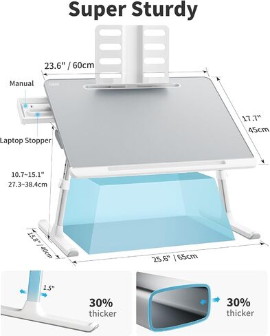Laptop tray, SAIJI 60*45cm Table lap for bed, Multi-purpose Premium Lapdesk, Height Angle adjustable, with Book Stand, Drawer, Tablet slot, for Eating, Working, Writing, Gaming, Drawing (Light Grey) in Kuwait