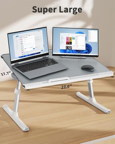 Laptop tray, SAIJI 60*45cm Table lap for bed, Multi-purpose Premium Lapdesk, Height Angle adjustable, with Book Stand, Drawer, Tablet slot, for Eating, Working, Writing, Gaming, Drawing (Light Grey) in Kuwait