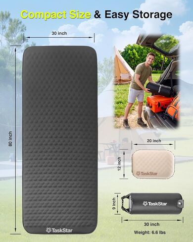TaskStar 4" Self Inflating Sleeping Pad for Camping with Pillow, Electric Foam & Air Camping Sleeping Pad, 9.5 R-Value, 4 Season Air Mattress for Camping Essentials Gear for Tent Travel Car Cot in Kuwait