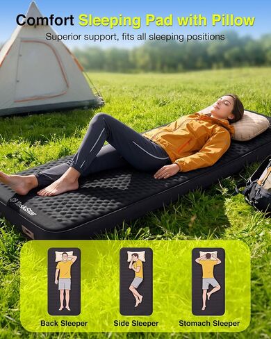 TaskStar 4" Self Inflating Sleeping Pad for Camping with Pillow, Electric Foam & Air Camping Sleeping Pad, 9.5 R-Value, 4 Season Air Mattress for Camping Essentials Gear for Tent Travel Car Cot in Kuwait