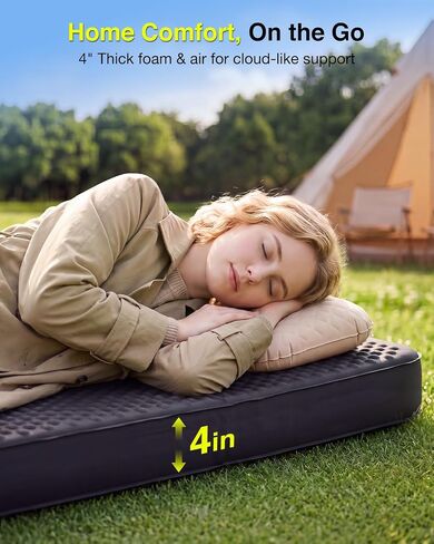 TaskStar 4" Self Inflating Sleeping Pad for Camping with Pillow, Electric Foam & Air Camping Sleeping Pad, 9.5 R-Value, 4 Season Air Mattress for Camping Essentials Gear for Tent Travel Car Cot in Kuwait