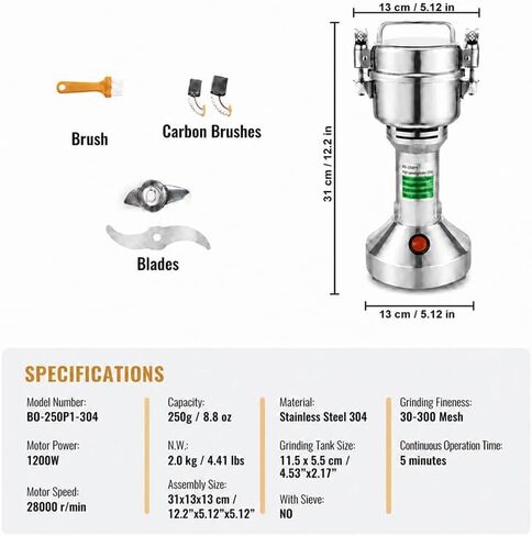 Electric Spice Grinder 250g, 1200W Stainless Steel 304 Electric Herbs 250g Capacity High Speed 28000RPM Multifunctional Home Use Spice Mill Masala Grinder Machine in Kuwait