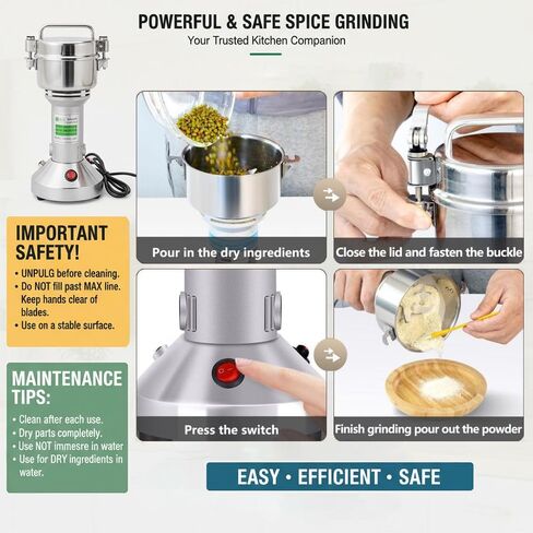 Electric Spice Grinder 250g, 1200W Stainless Steel 304 Electric Herbs 250g Capacity High Speed 28000RPM Multifunctional Home Use Spice Mill Masala Grinder Machine in Kuwait