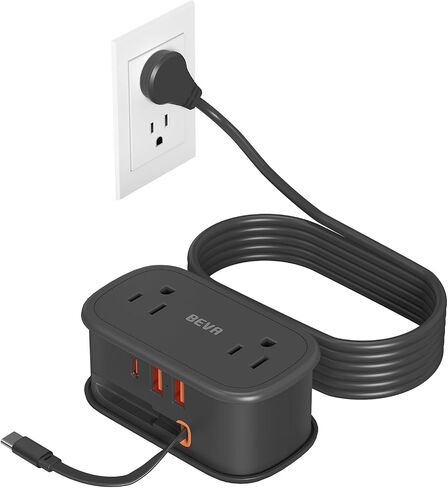 BEVA Travel Power Strip, 5FT Extension Cord, Retractable USB C Cable in Kuwait
