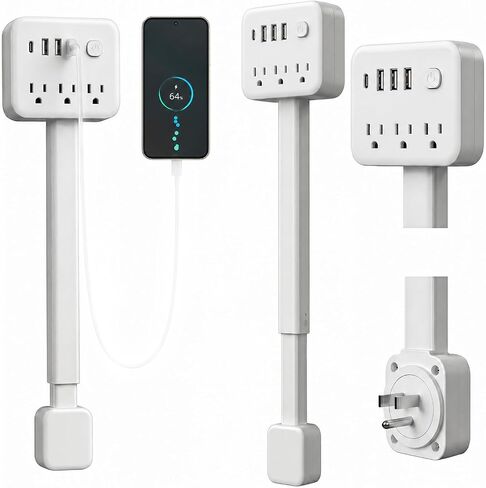 Outlet Extender Stick, 17.5-25.6in, 3 AC Outlets, USB-C, 180° Rotating Plug in Kuwait