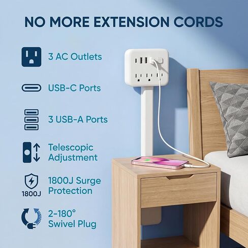 Outlet Extender Stick, 17.5-25.6in, 3 AC Outlets, USB-C, 180° Rotating Plug in Kuwait
