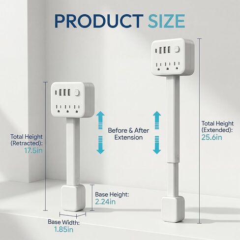 Outlet Extender Stick, 17.5-25.6in, 3 AC Outlets, USB-C, 180° Rotating Plug in Kuwait