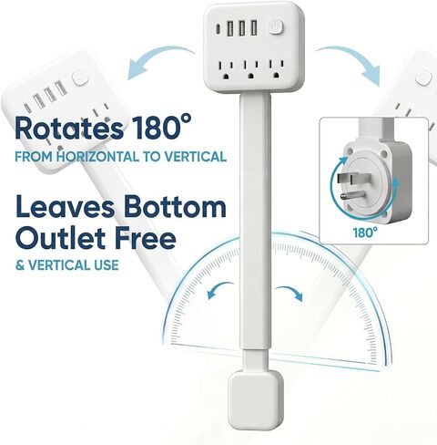 Outlet Extender Stick, 17.5-25.6in, 3 AC Outlets, USB-C, 180° Rotating Plug in Kuwait