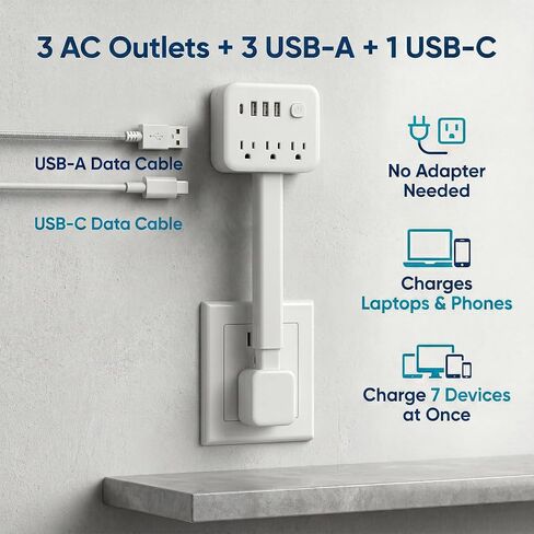 Outlet Extender Stick, 17.5-25.6in, 3 AC Outlets, USB-C, 180° Rotating Plug in Kuwait