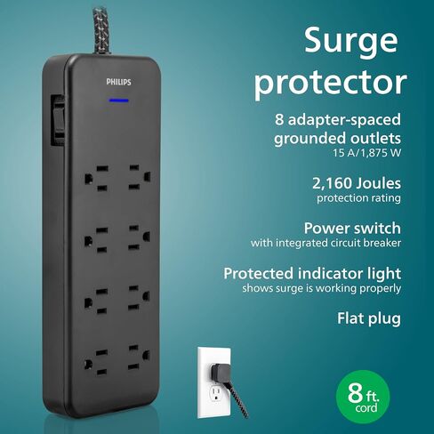 Philips Surge Protector Power Strip, 8 Ft Braided Extension Cord in Kuwait