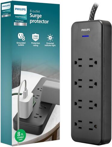 Philips Surge Protector Power Strip, 8 Ft Braided Extension Cord in Kuwait