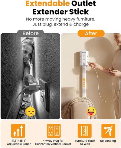 Flat Outlet Extender Stick,6 Widely Outlets,20W USBC,Extendable 11.6"-35.4" in Kuwait