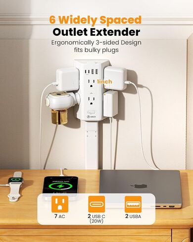 Flat Outlet Extender Stick,6 Widely Outlets,20W USBC,Extendable 11.6"-35.4" in Kuwait