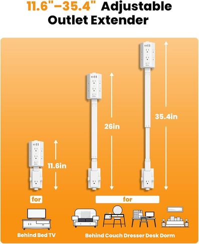 Flat Outlet Extender Stick,6 Widely Outlets,20W USBC,Extendable 11.6"-35.4" in Kuwait