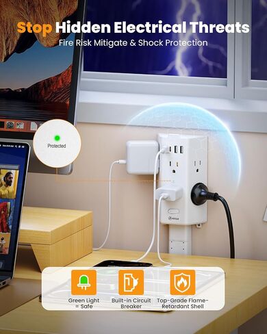 Flat Outlet Extender Stick,6 Widely Outlets,20W USBC,Extendable 11.6"-35.4" in Kuwait