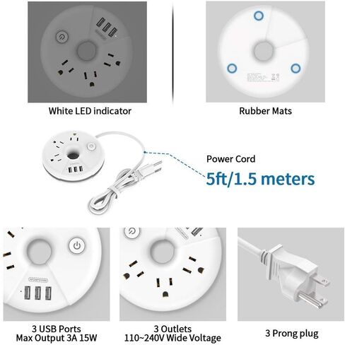 NTONPOWER Compact Power Strip with USB Bundle, 3 Outlets 3 USB Portable Desktop Charging Station with 5ft Extension Cord for Office, Home, Hotels, Cruise Ship, Nightstand in Kuwait