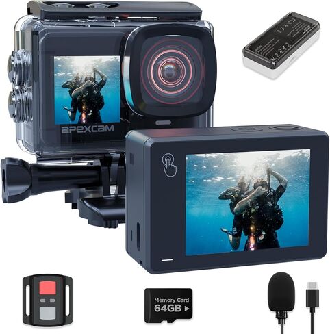 Apexcam X80PRO Dual Screen Action Cam 4K60FPS 8X Zoom EIS 48MP with 64GB Card Ultra HD WiFi Sports Camera, Underwater Camera 2.4G Remote Control, 2X Batteries for Snorkel, Travel, Motorcycle, Bicycle in Kuwait