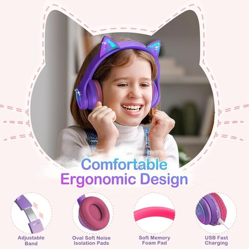 LOBKIN Bluetooth 5.4 Kids Headphones with Case - RGB LED Light Up Cat Ears Foldable Adjustable Over Ear Headphone Support Wireless or 3.5mm Wired Mode for Toddler & Girls & Boys Teens in Kuwait