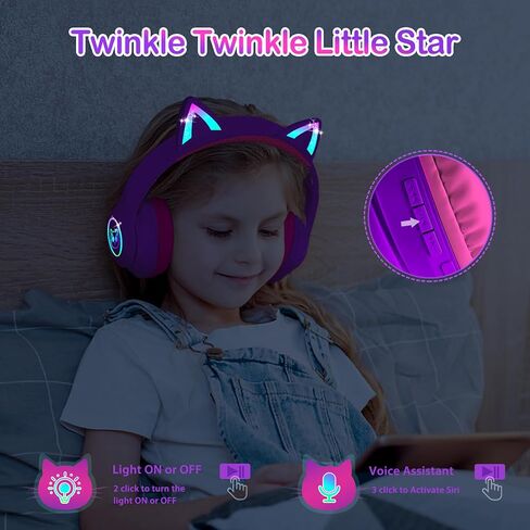 LOBKIN Bluetooth 5.4 Kids Headphones with Case - RGB LED Light Up Cat Ears Foldable Adjustable Over Ear Headphone Support Wireless or 3.5mm Wired Mode for Toddler & Girls & Boys Teens in Kuwait