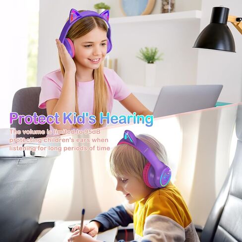 LOBKIN Bluetooth 5.4 Kids Headphones with Case - RGB LED Light Up Cat Ears Foldable Adjustable Over Ear Headphone Support Wireless or 3.5mm Wired Mode for Toddler & Girls & Boys Teens in Kuwait