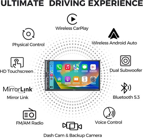 7" Double Din Car Stereo Compatible with Wireless Apple CarPlay & Android Auto, Dash Cam & Backup Camera, 240W 4.2-CH Dual Subwoofer Out, Bluetooth 5.3, Mirrorlink, FM/AM Car Radio in Kuwait
