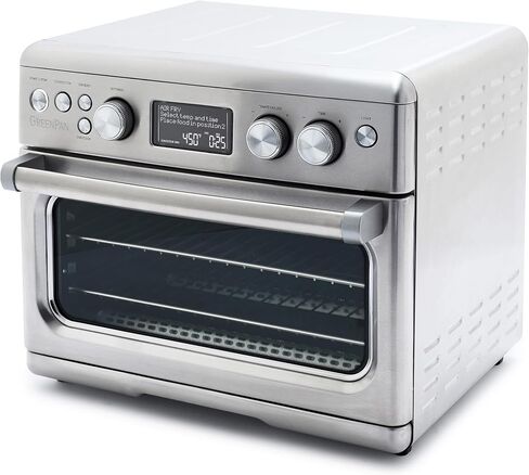 GreenPan 13-in-1 Elite Countertop Convection Oven and Air Fryer, PFOA and PFAS-Free Ceramic Tray and Pizza Pan, Adjustable Racks, Multifunction Presets, Toaster, Bake Broil Roast, Stainless Steel in Kuwait