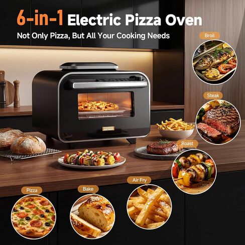 KINGWISE Convection Pizza Oven Electric, IPX4 Waterproof Countertop Air Fryer Oven, Fits 13-Inch Pizza, Heats up to 750℉, 6 Cooking Functions and 5 Pizza Presets, Pizza Stone & Pizza Peel Included in Kuwait