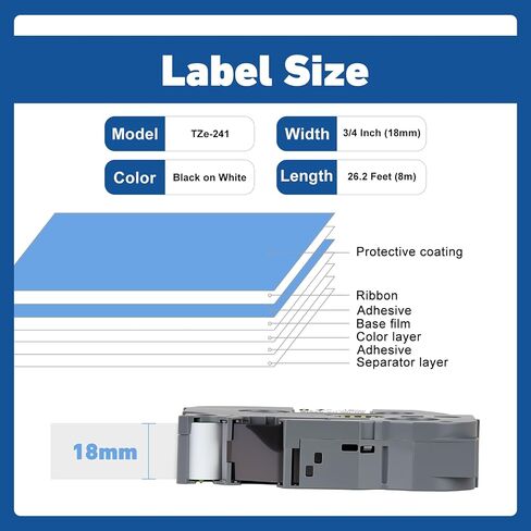 5 Pack TZe TZ Tape TZe-241 18mm 0.7 Laminated White, 0.7" X 26.2' in Kuwait