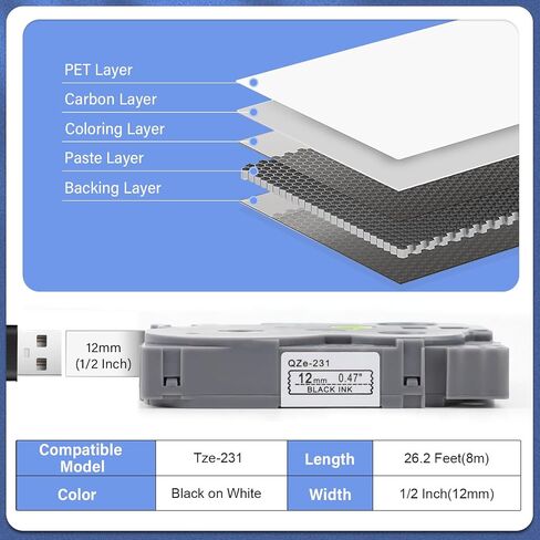 5 X TZe-231 Label Maker Tape 12mm 0.47’’ Laminated White Replacement for Brother TZe231 P Touch Label Tape, Compatible with Brother PT-D210 PT-D220 PT-H110 PT-D400 PT-D600 in Kuwait