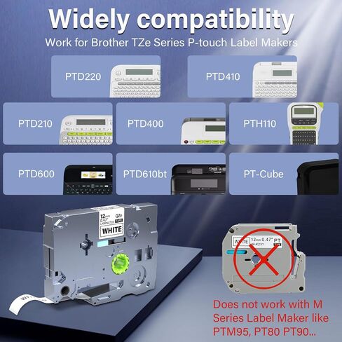 5 X TZe-231 Label Maker Tape 12mm 0.47’’ Laminated White Replacement for Brother TZe231 P Touch Label Tape, Compatible with Brother PT-D210 PT-D220 PT-H110 PT-D400 PT-D600 in Kuwait