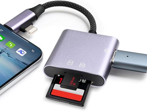 SD Card Reader for iPhone iPad, hua xun yuan Memory Card Reader Built-in Dual Port Connector Card Adapter with SD/MicroSD/USB-A 3 Slots, No App Required, Plug and Play in Kuwait