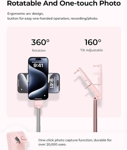 Selfie Stick for iPhone, Extended Portable Selfie Stick, Wireless Remote, Adujustable, Compact Phone Holder for Photograph, Video Recording, Streaming (Pink) in Kuwait