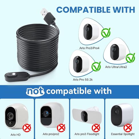 Soshine 2PACK Magnetic Charging Cable with Quick Charge Adapter, Waterproof Outdoor Cable for Arlo Pro 3, 4, 5S, Ultra, Ultra 2, Black (10, feet) in Kuwait