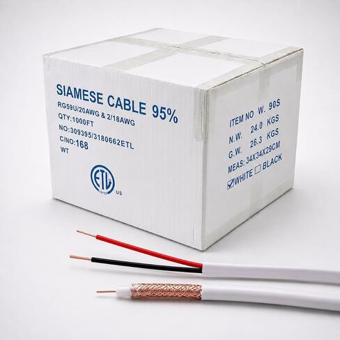 RG59 Siamese Coaxial Cable 1000ft Solid Bare Copper 20AWG RG59U Video + 18AWG Power Combo Bulk Cables for CCTV Surviellance Security System (White 1000FT) in Kuwait