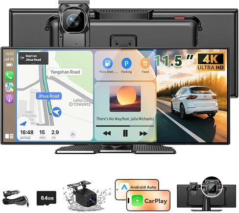 Largest 11.5 inch Wireless CarPlay Screen for Car, A-pple CarPlay & Android Auto HD Touchscreen with 4K Dash Cam/1080P Backup Camera/Navigation/Bluetooth/Voice Control/FM/Mirror Link,for All Vehicles in Kuwait