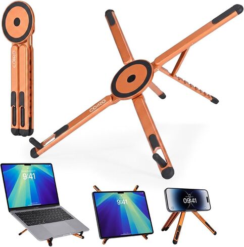 C Coiro 3-in-1 Magnetic Foldable Laptop Stand and Phone Stand for Desk Aluminum Alloy Adjustable Holder 10–16" Laptops & 4–13" Phones/Tablets, Magnetic Compatible with iPhone Android, Orange in Kuwait