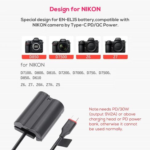 EN-EL15 Dummy Battery AC Power Adapter Continuous Power Supply Kit by Type-C PD/QC Power for Nikon Z5 Z6 Z7 Z8 D610 D750 D800 D810 D850 D7500 D7200 D7100 in Kuwait