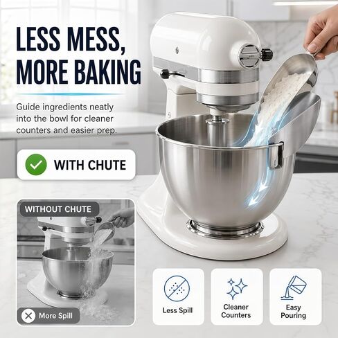 Stainless Steel Pouring Chute Compatible with KitchenAid Stand Mixer Metal Bowls, No-Spill Splash Guard Pour Shield for 4.5, 5, and 6 Qt Bowls, Easy Flour and Liquid Guide, Dishwasher Safe in Kuwait