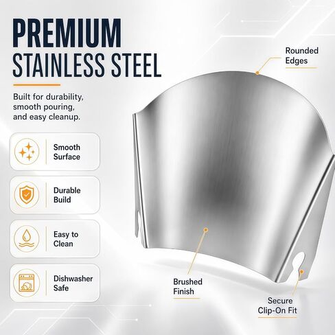 Stainless Steel Pouring Chute Compatible with KitchenAid Stand Mixer Metal Bowls, No-Spill Splash Guard Pour Shield for 4.5, 5, and 6 Qt Bowls, Easy Flour and Liquid Guide, Dishwasher Safe in Kuwait