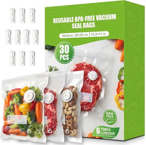 RIWUSI 30PCS Reusable Vacuum Sealer Bags for Food with Air Valve & 10 Seal Clips – Large (11.8 x 13.3 in), BPA Free Food Storage Bags,Lock in Food Freshness for Freezer, Microwave, Sous Vide Cooking in Kuwait