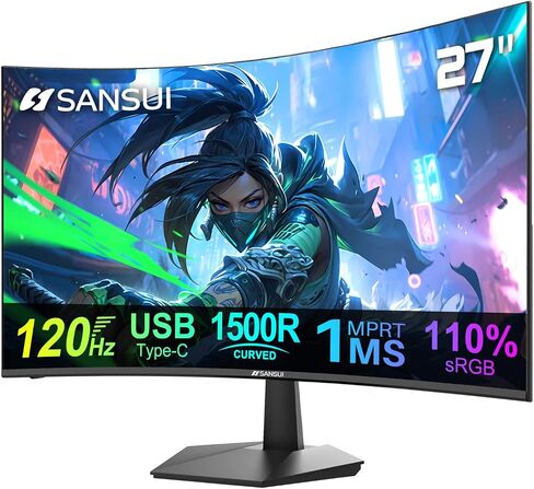 SANSUI 34-Inch Curved Gaming Monitor UWQHD 3440 x 1440P Up to 200Hz Curved 1500R - PIP/PBP, OD 1ms, HDR, 300nits, sRGB 130%, DCI-P3 97%,AI Crosshair,HDMI2.1x2,DP1.4(Cable Included) in Kuwait