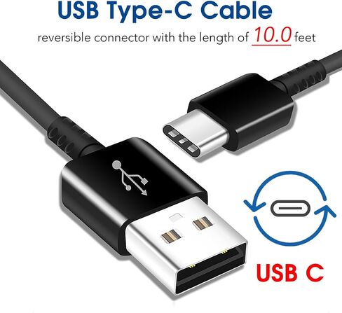 10FT Cable, Type C Charger Fast Charging, USB C Android Phone Wall Charger Block & Charge Cord, for Samsung Galaxy S25/S24/S23/S22/S21/S20/S10 Plus/S10E/S9/S8/S21 Ultra Note 8/9/10/20 etc in Kuwait