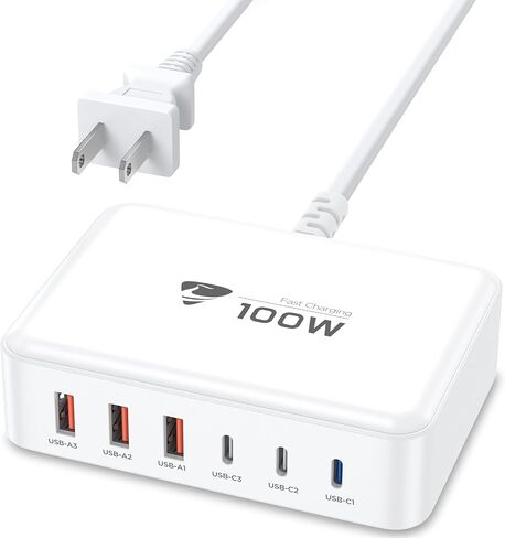 USB C Fast Charger, 100W GaN 6 Port USB C Fast Charging Station Hub Block Cube, QC USB A and PD USB C Wall Charger Power Multiple USB Charger Plug for iPhone 17 16 15 14 13 12 Pro Max, iPad, Samsung in Kuwait